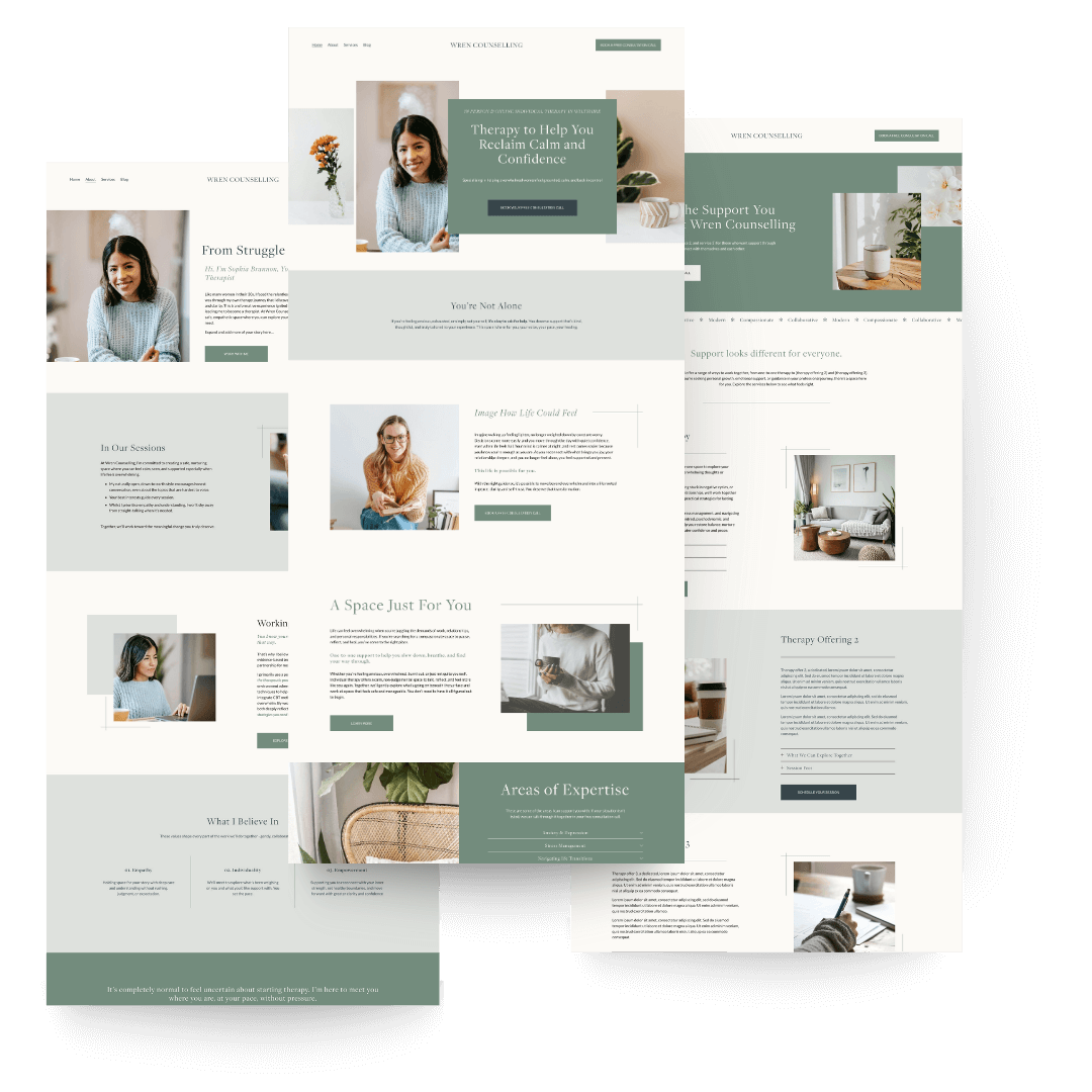 Screenshots of a modern, minimalistic website template called Wren Counseling with photos of smiling women, text about therapy and support, and calming earthy colors.