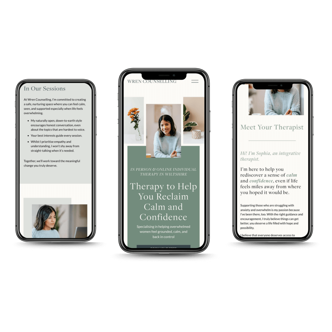 Three smartphones display pages of a counseling service website template called Wren Counselling, featuring images of women and text about therapy and confidence.