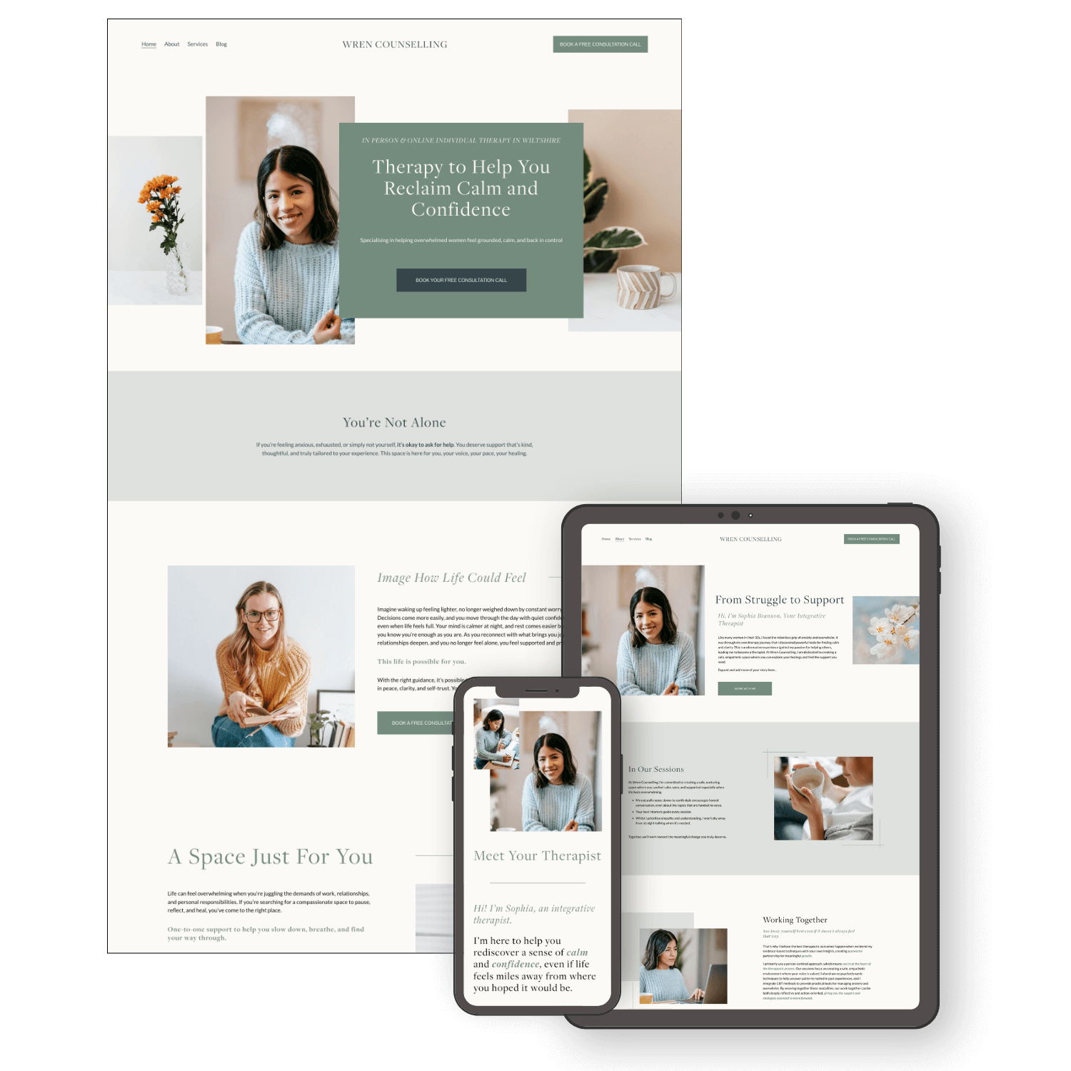 A responsive website layout for Wren Counselling template, featuring images of women, floral illustrations, and text about therapy services on various devices including a desktop, tablet, and smartphone.