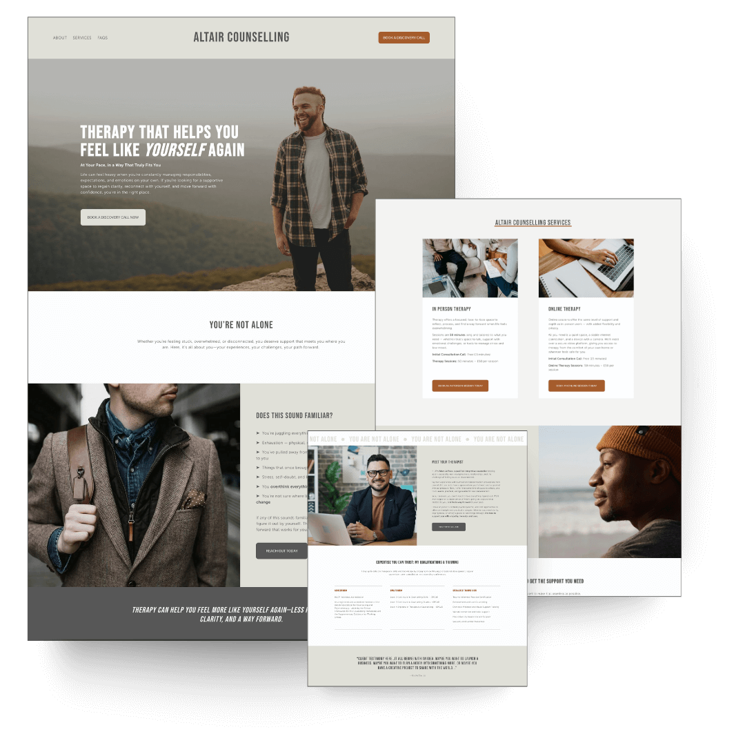 Screenshot Altair Counselling website template for therapists, featuring sections about therapy services, including in-person and online therapy options, with photos of diverse individuals and a man standing outdoors in a scenic setting.