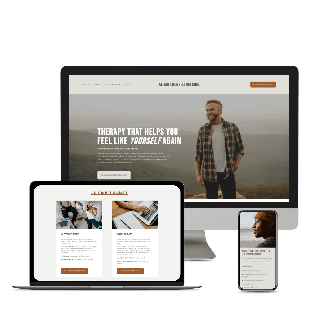 Website homepage on desktop, tablet, and mobile screens for Altair Counselling website template for therapists, offering therapy services with a smiling man in outdoor setting, featuring text about therapy helping you feel like yourself again.