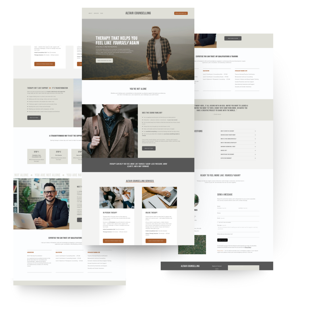 Screenshots of Altair Counselling website template for therapists and counsellors featuring therapy options, online and in-person therapy, and contact information.