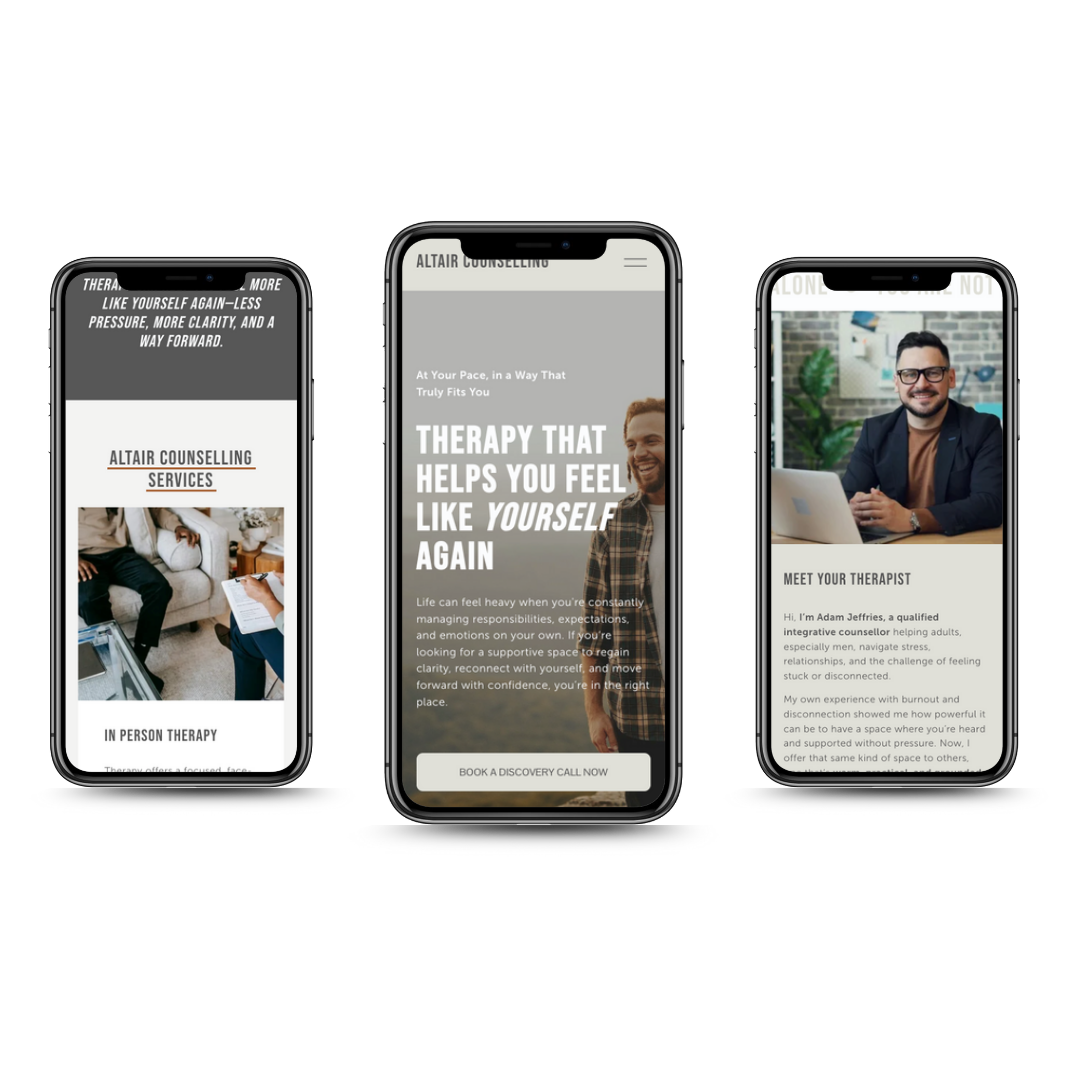 Three smartphones displaying Altair Counselling website template for therapists and counsellors, featuring images of smiling professionals and descriptive text about therapy services.