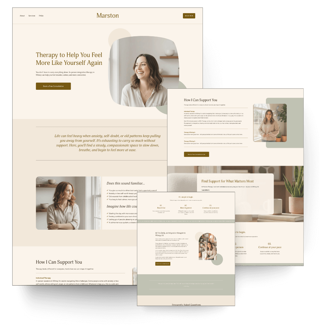 Screenshots of Marston Therapy website template for therapists and counsellors , featuring sections for therapy services, support options, and booking free consultations, with images of smiling women in cozy settings.