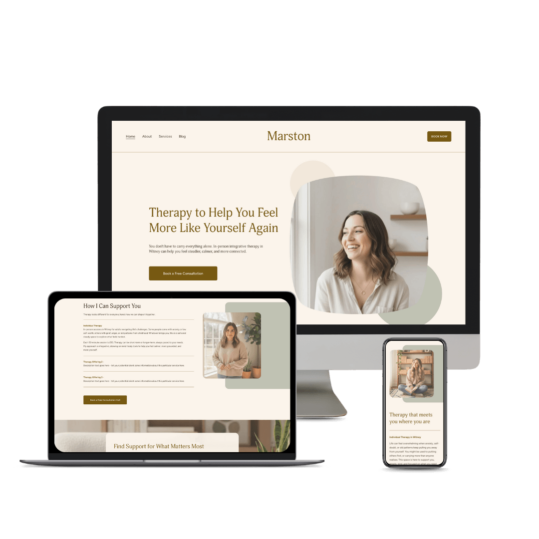 Responsive Marston Therapy website template for therapists and counsellors  displayed on a desktop computer, tablet, and smartphone, promoting therapy services with images of a smiling woman and calming neutral colours.