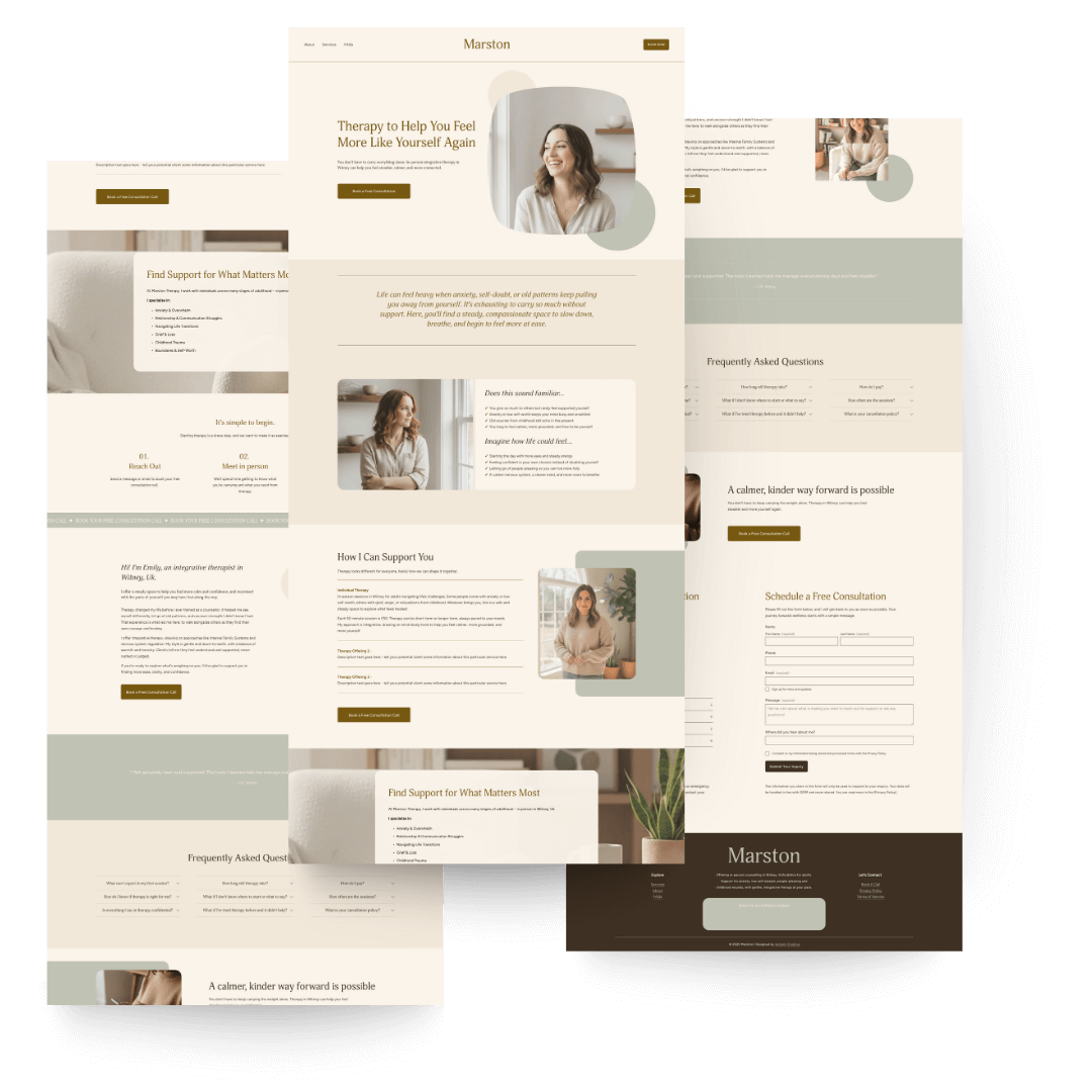 Multiple overlapping webpage screenshots of Marston Therapy website template for therapists and counsellors  with a calming beige and brown color scheme, featuring images of a woman and text about support and consultation.
