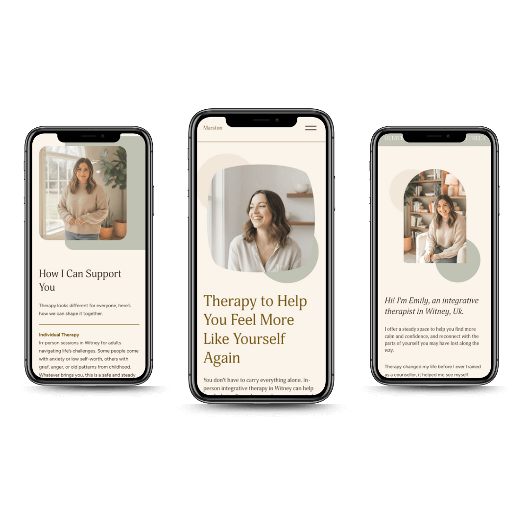 Three smartphones display Marston Therapy website template for therapists and counsellors, centered around therapy and mental health support, featuring images and text about helping to feel more like yourself again.