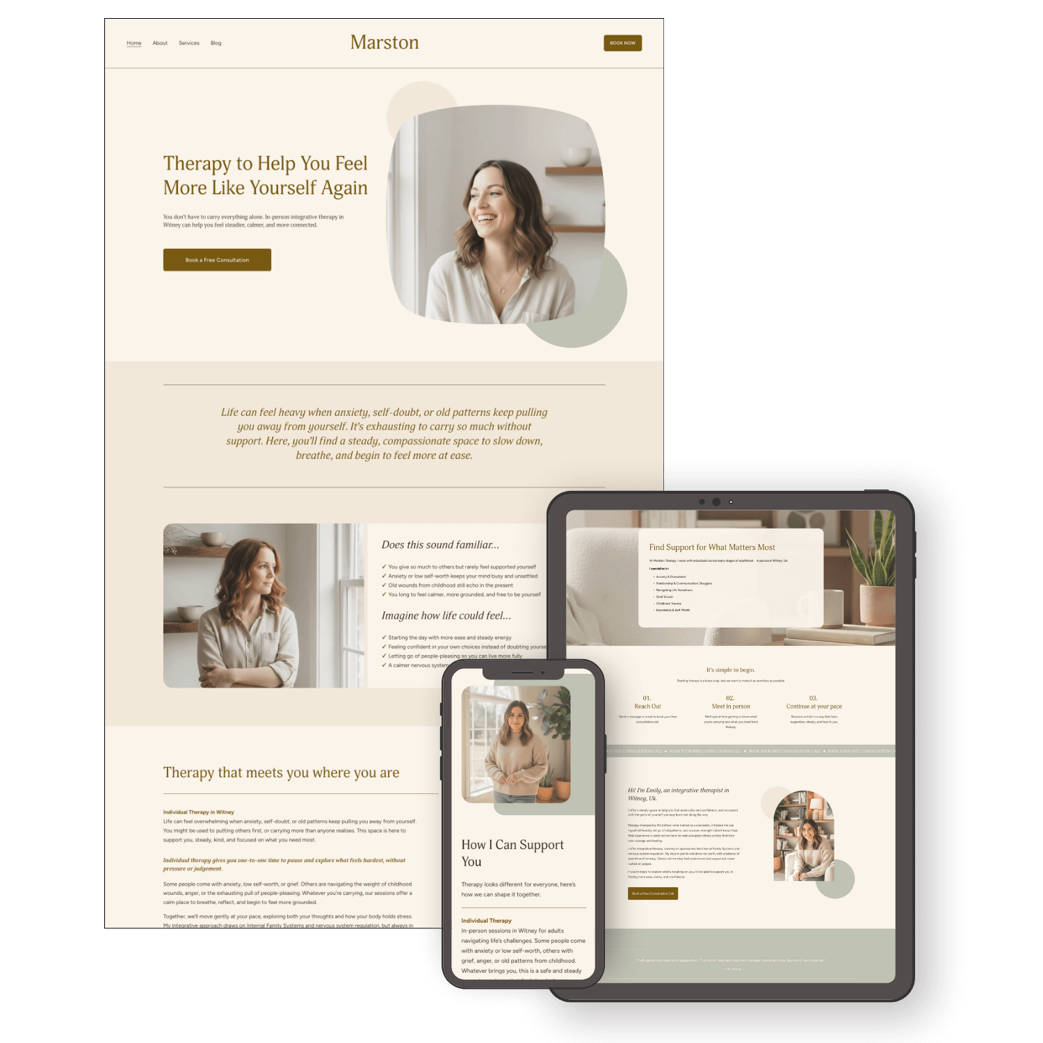 Marston Therapy website template for therapists and counsellors , featuring calming beige tones and images of a woman smiling and listening, with sections about therapy and support options displayed on various devices.