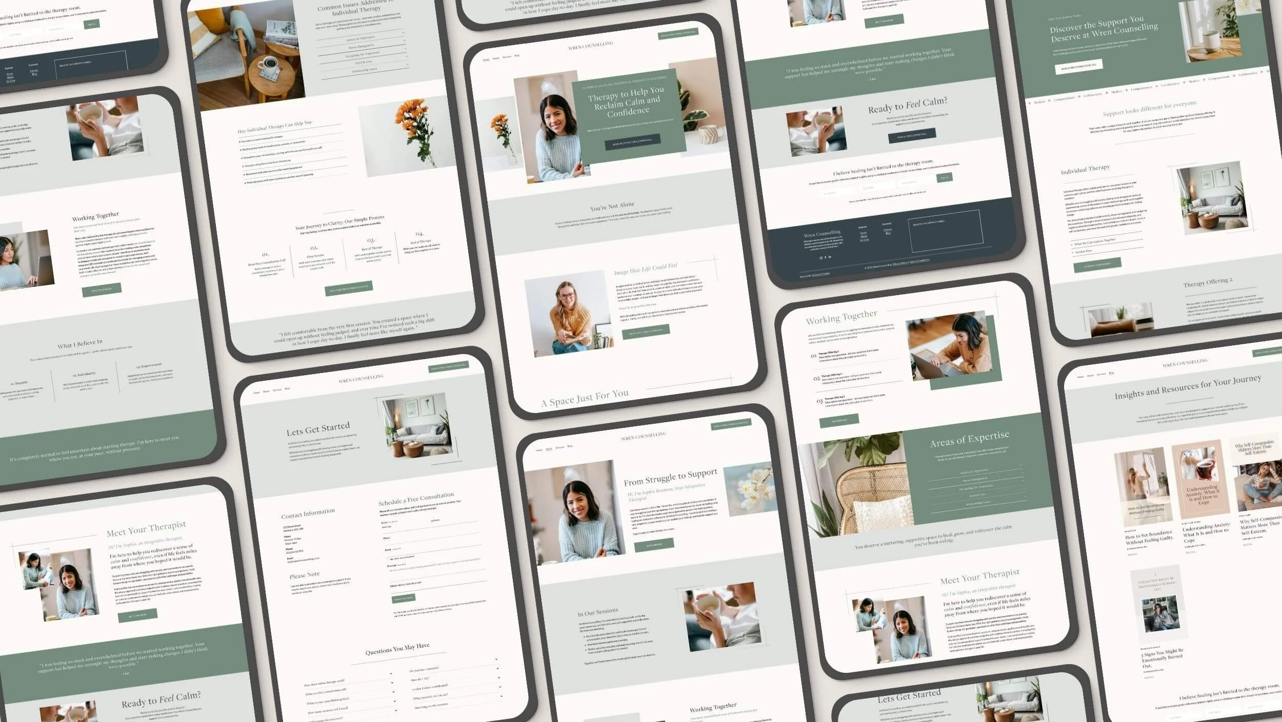 A collection of website pages of Wren therapy website template for therapists and counsellors in the UK, featuring images of women in therapy sessions, home decor, and calming interior spaces with text about therapy services and support.