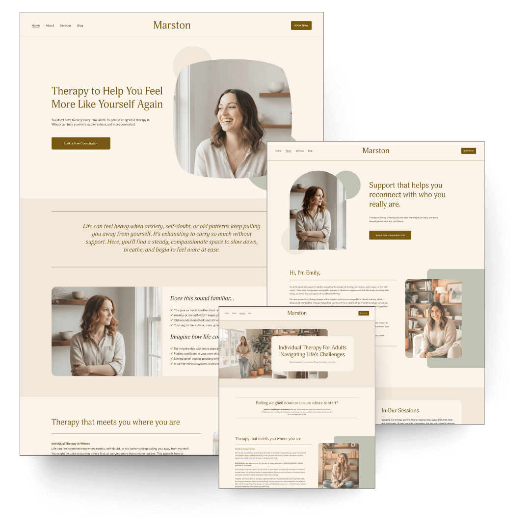 Screenshot of the therapy website template called 'Marston' featuring images of a smiling woman and a woman sitting at a desk, with text offering therapy services for adults.
