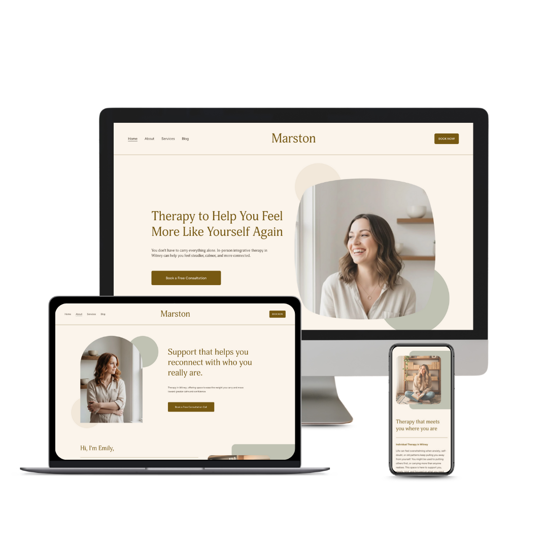 Marston website template displayed on a desktop computer, laptop, and smartphone. The website promotes therapy services with images of a smiling woman and text about reconnecting and feeling like yourself again.