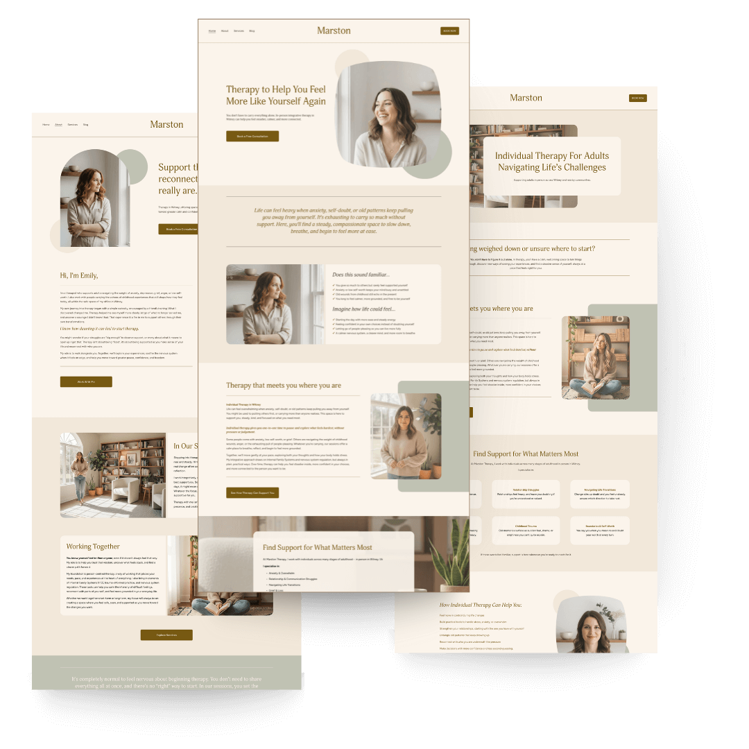 Screenshots of Marston website template for therapists and counsellors, featuring images of a smiling woman, a woman sitting cross-legged, and a cozy living room setting, with text about therapy and mental health support.