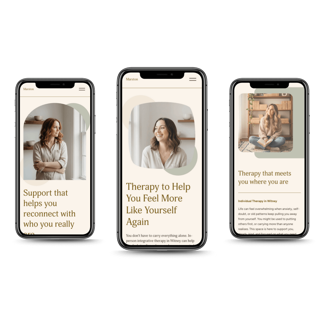 Three smartphones display Marston therapy website template pages with images of women and supportive text about therapy and self-care.