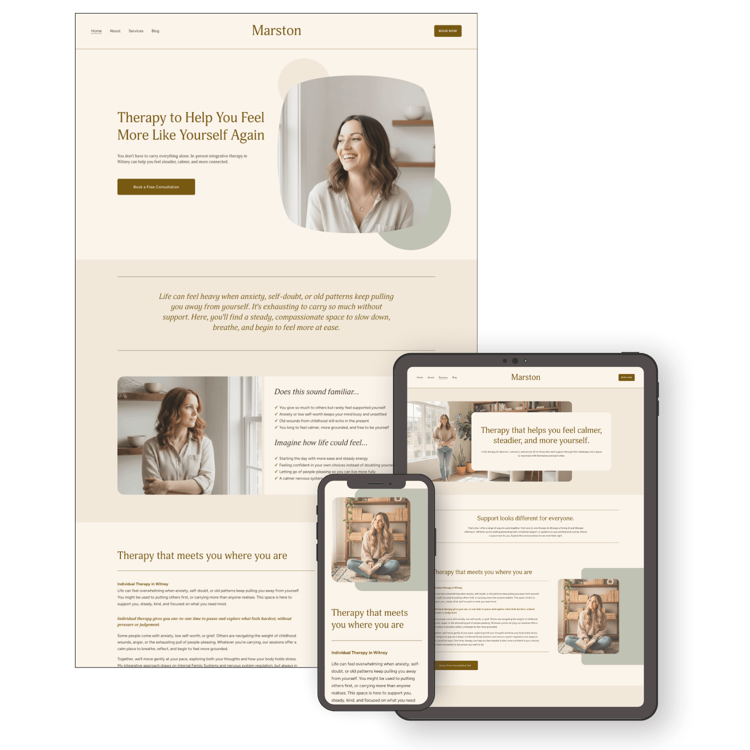 Responsive website template homepage for Marston therapy service, featuring images of a woman smiling, calming beige and green colour scheme, and sections about therapy benefits and contact options.