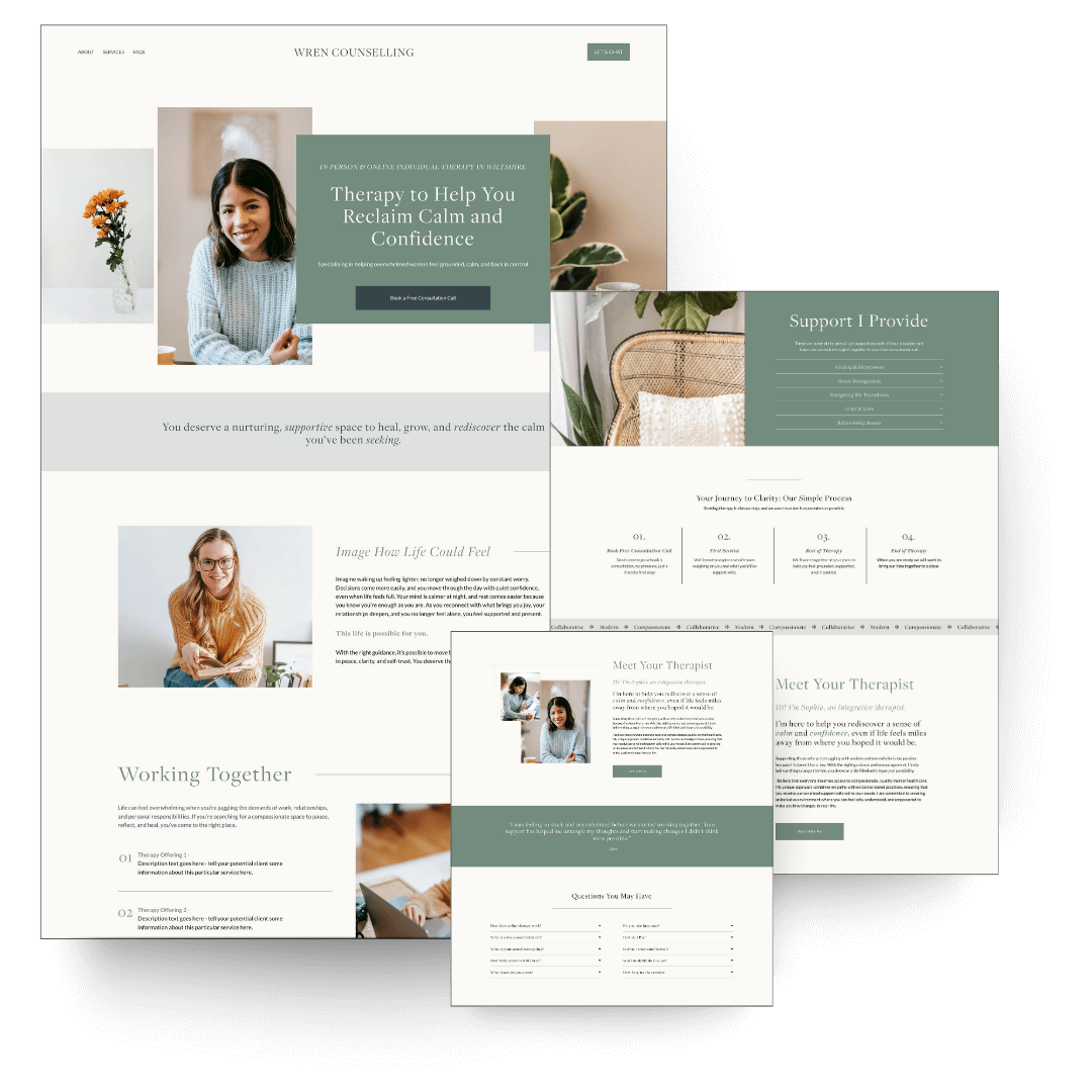 Multiple webpage screens for Wren Counselling website template for therapists and counsellors , featuring therapy services, support options, and a therapist introduction, with images of women, plants, and a cozy interior.