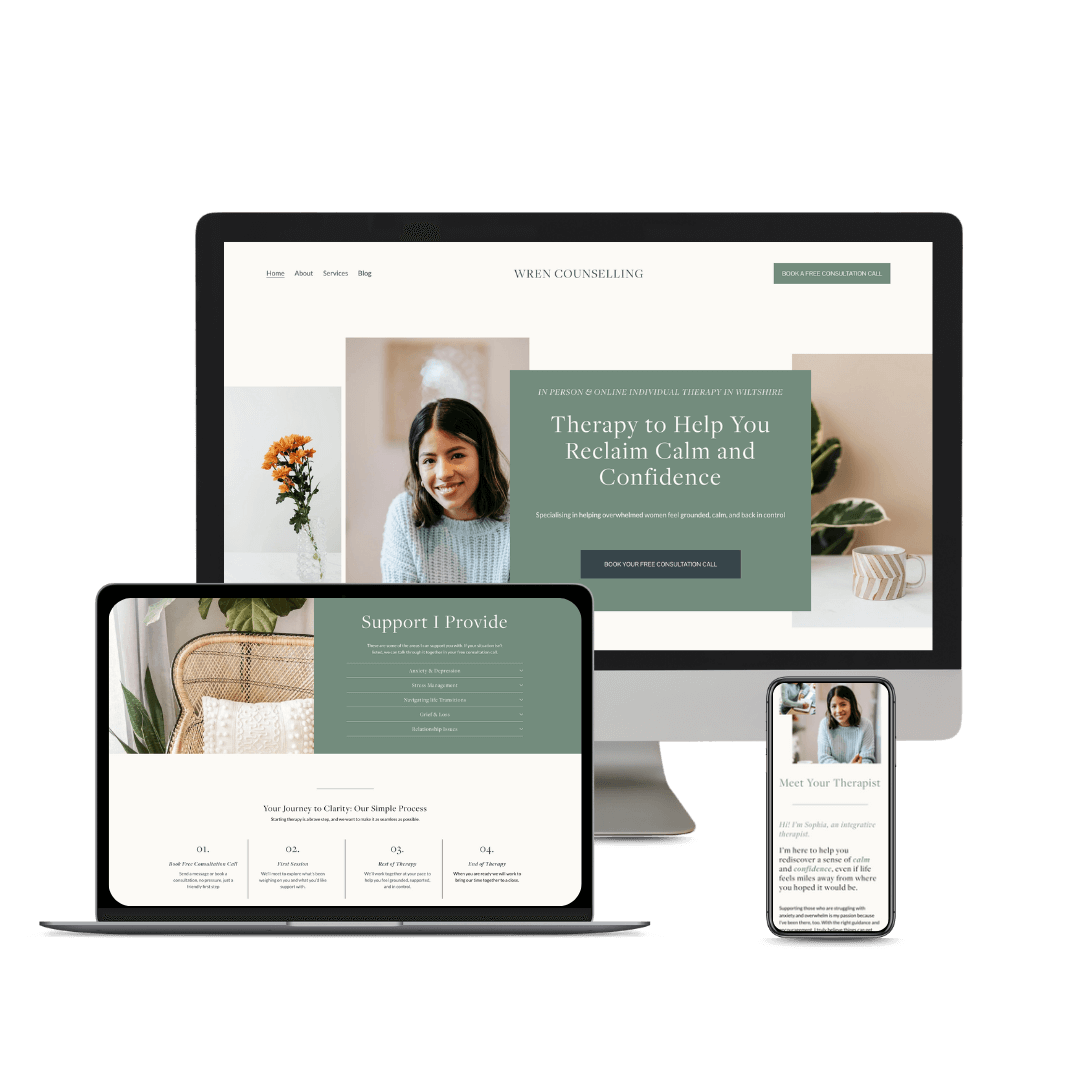 Mockup of Wren Therapy website template for therapists and counsellors shown on a desktop computer, tablet, and smartphone, featuring images of a smiling woman, flowers, and text about therapy and mental health support.
