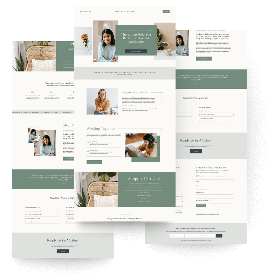 Screenshots of a website for Wren Counselling website template for therapists and counsellors  featuring calming design, images of women and children, therapy services, support information, and consultation booking forms.
