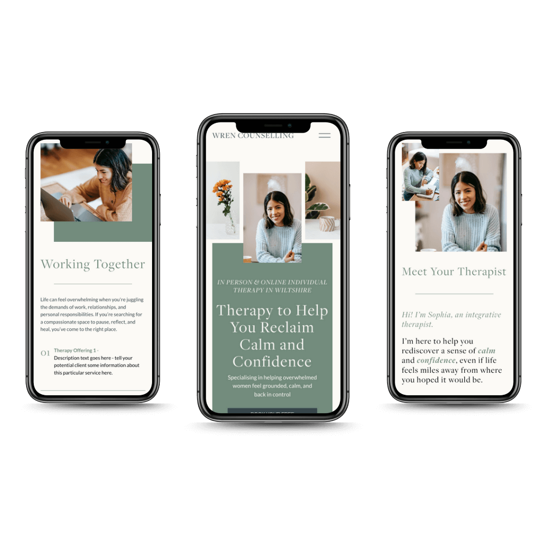 Three smartphones displaying different therapy service webpages for Wren Therapy website template for therapists and counsellors with images of women, some working on laptops and smiling, and text about counseling and therapy services.