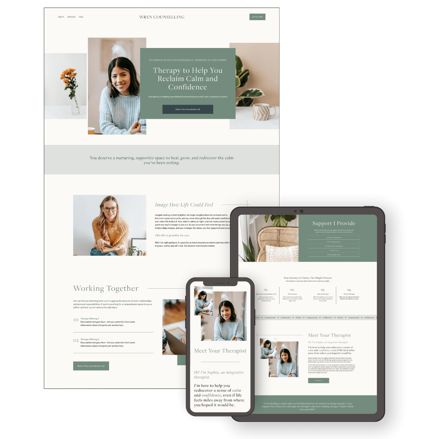Responsive website layouts for Wren Counselling website template for therapists and counsellors displayed on desktop, tablet, and smartphone screens, featuring images of smiling women, plants, and calming design elements.