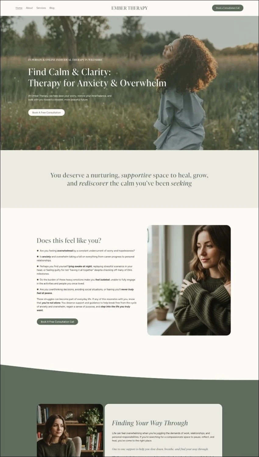 Homepage of Ember Therapy website template for therapists and counsellors in the UK, featuring images of women and nature, with a calming colour scheme and text about therapy for anxiety and overwhelm.