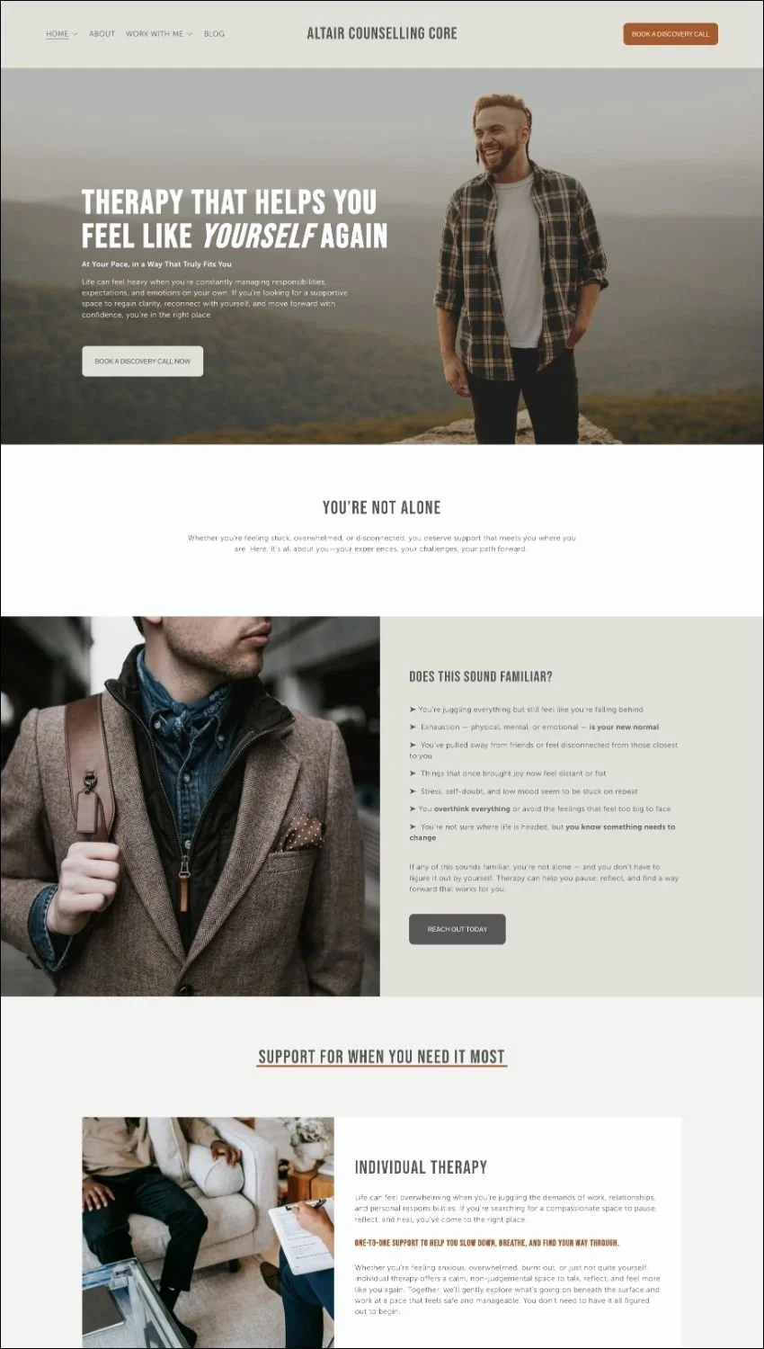 Website homepage for Altair Counseling Website Template for therapists and counsellors in the UK, featuring a man smiling outdoors, promoting therapy services to help feel like yourself again, with sections on support, contact, and therapy options.