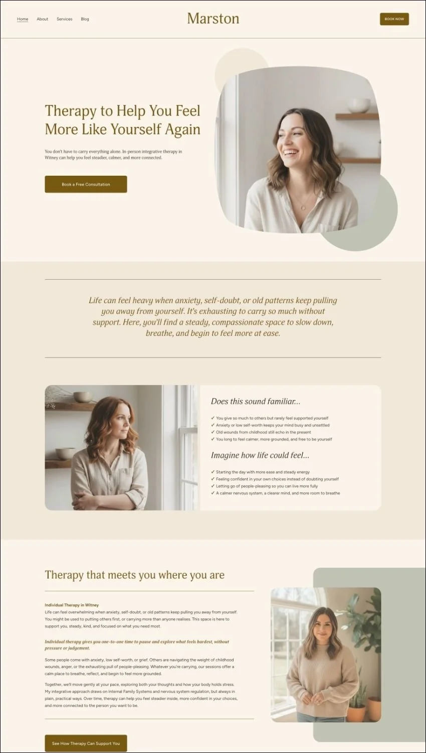 Homepage of Marston therapy website template for therapists and counsellors in the UK, featuring images of women, text about therapy to help feel more like oneself, and call-to-action buttons for free consultation and support.