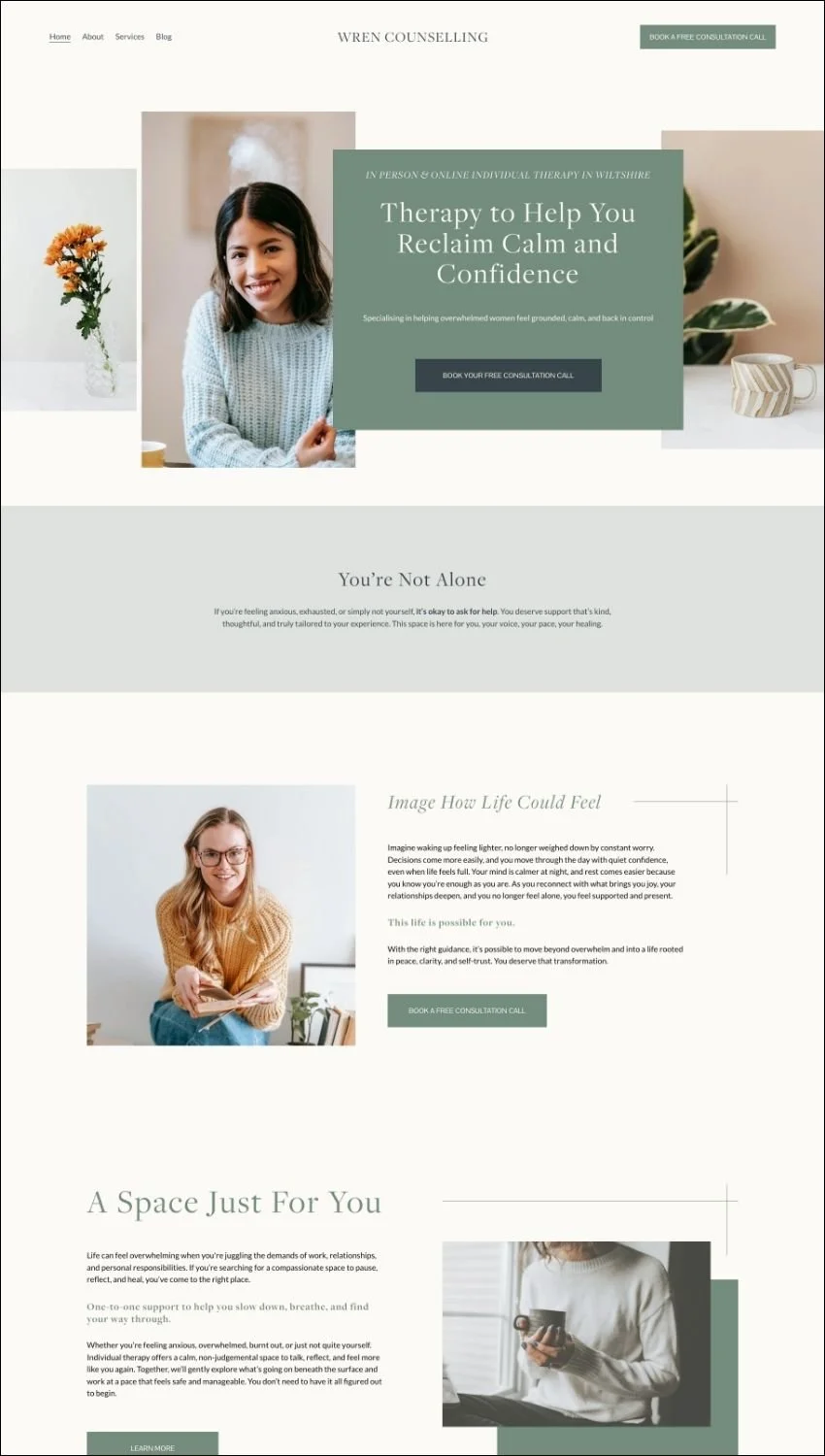 Homepage of Wren Counselling website template for therapists and counsellors in the UK, featuring images of women, floral arrangements, and text about therapy services.