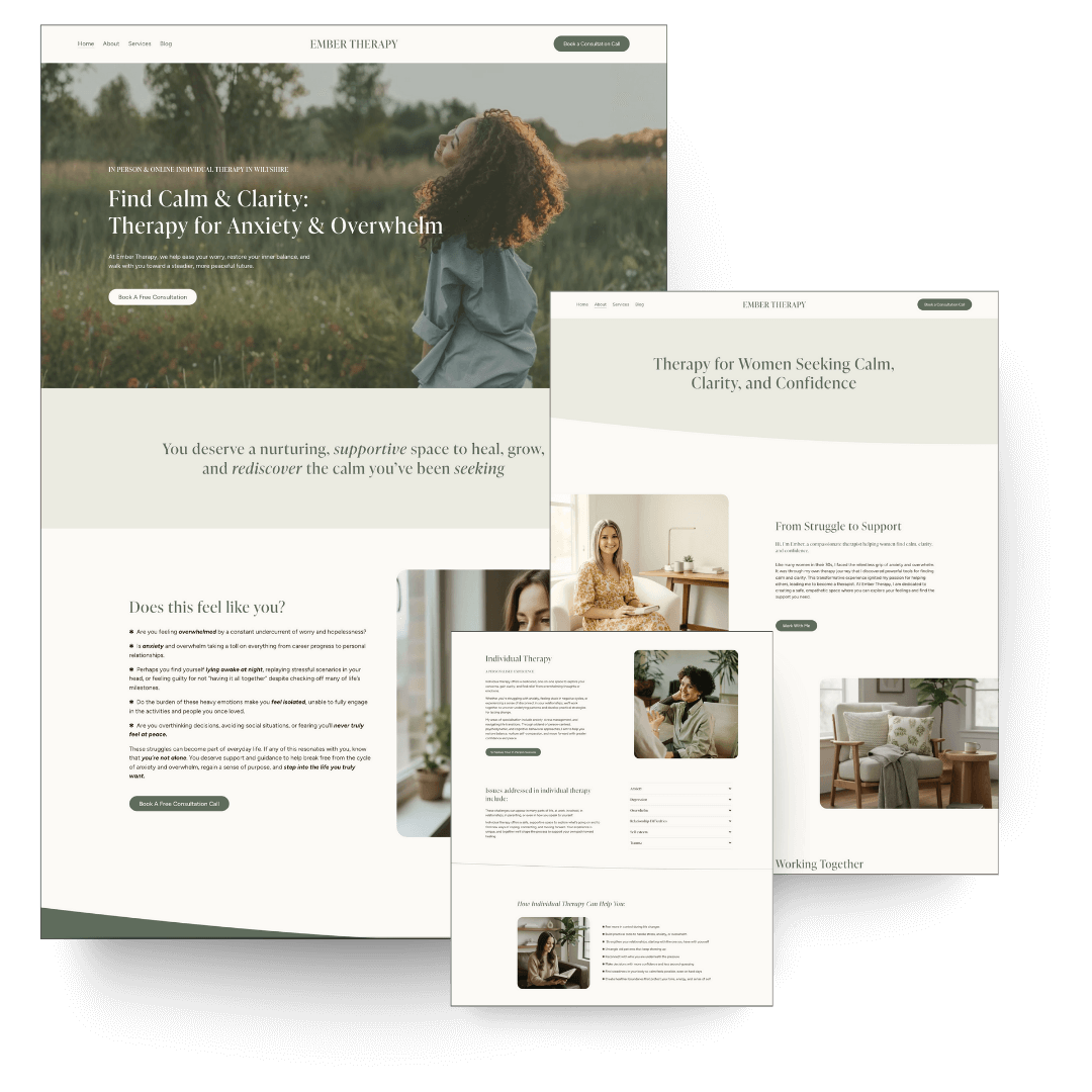 Screenshots of a therapy website template called Ember Therapy with calming images and text promoting mental health support for women.