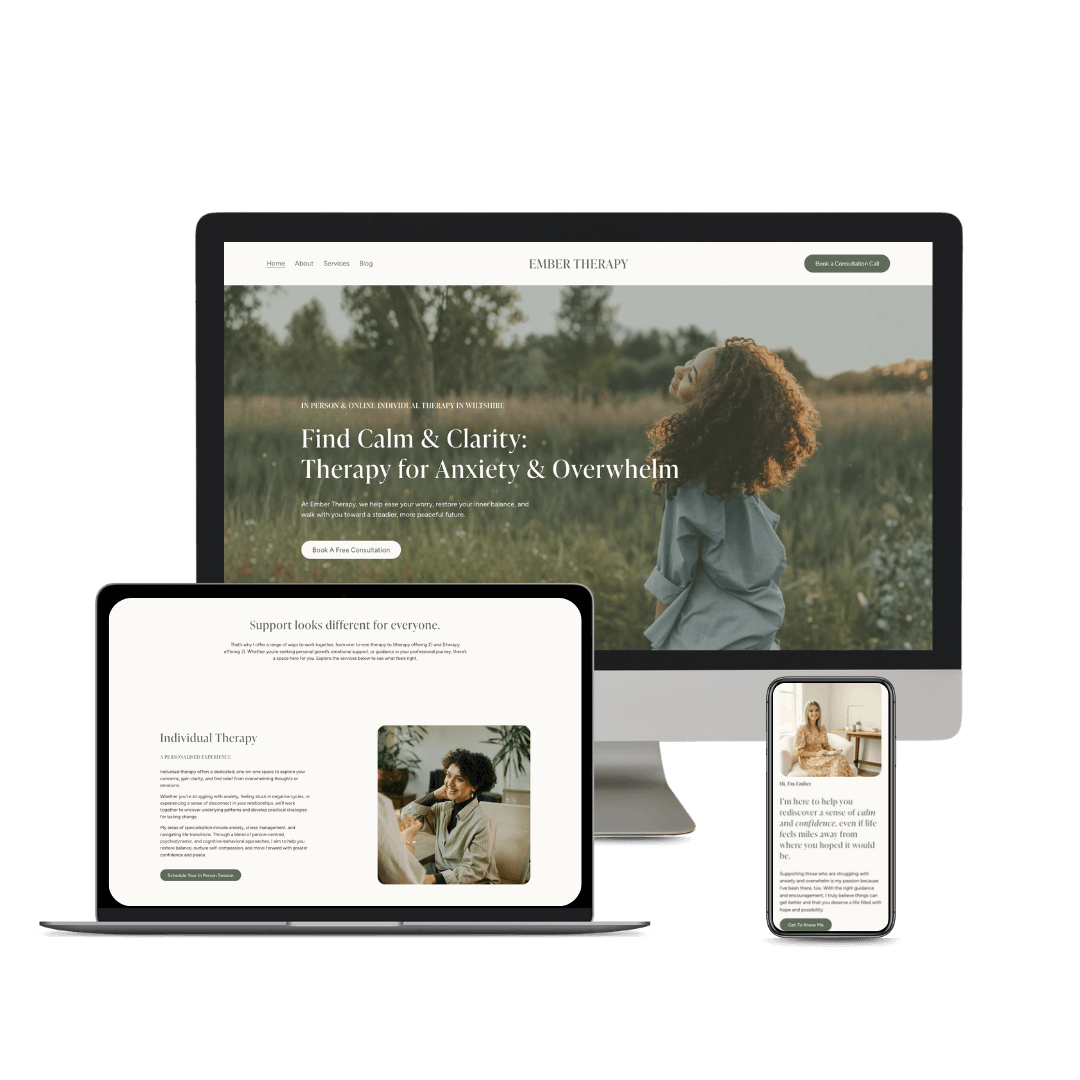 Website homepage displayed on desktop, tablet, and mobile screens for the website template Ember Therapy, offering individual therapy for anxiety and overwhelm. The site features a calming outdoor background and a female therapist.