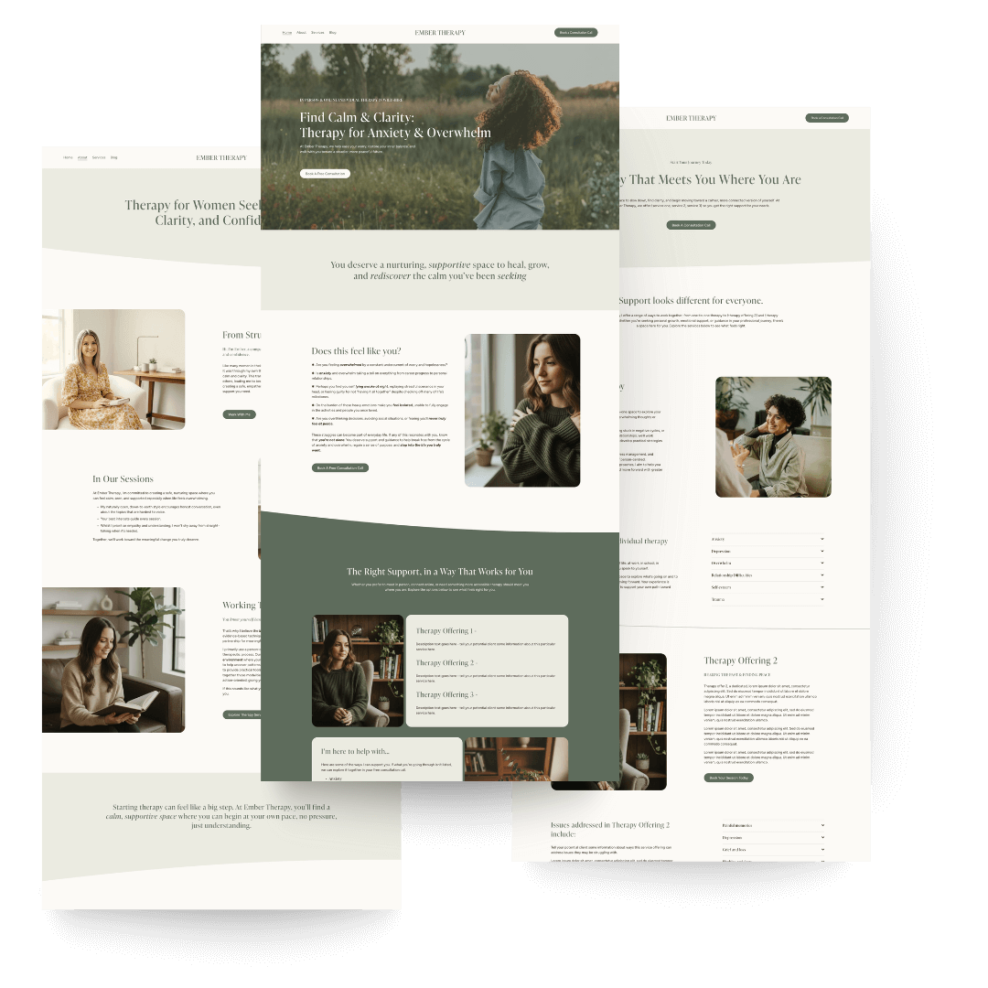 Screenshots of a therapy website for women, featuring calming images and information about therapy sessions for anxiety and overwhelm.