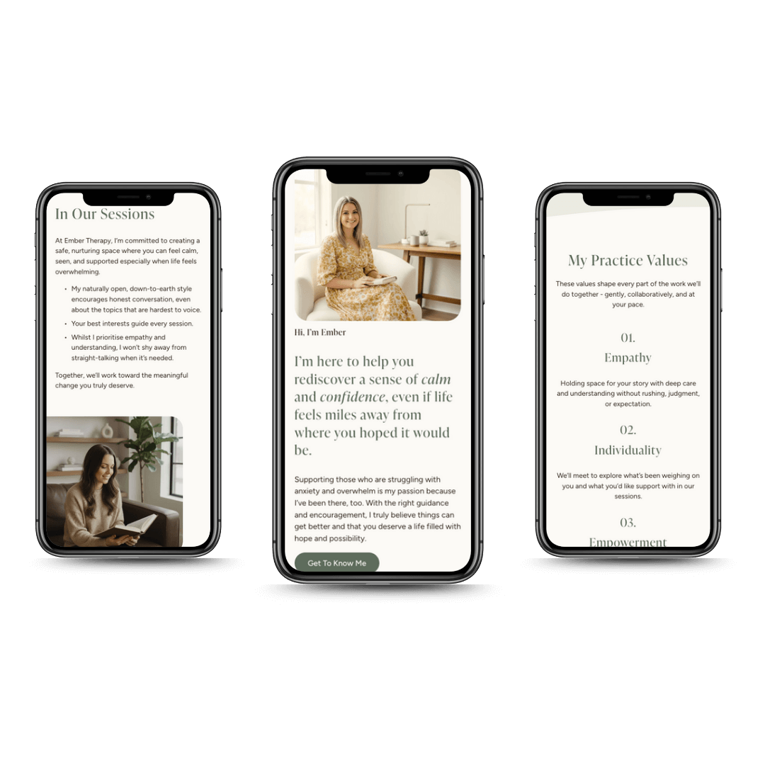 Three phones displaying Ember website template,  shows session information with images of a woman, the middle phone shows an introduction from a woman named Ember, and the right phone lists core values like empathy, individuality, and empowerment.