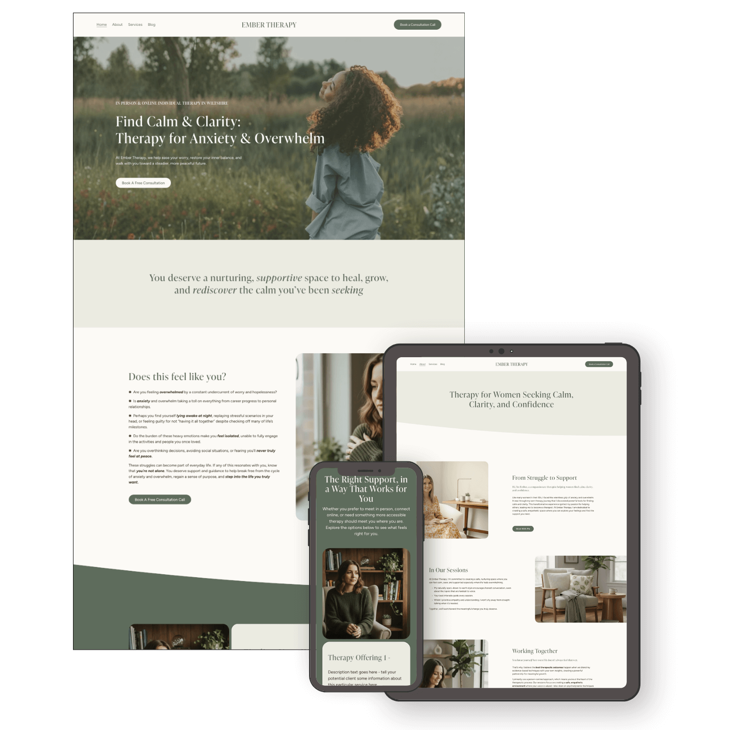 Screenshots of Ember Therapy website template displayed on a desktop, tablet, and smartphone, showing pages about finding calm and clarity through therapy, with images of women and calming office settings.