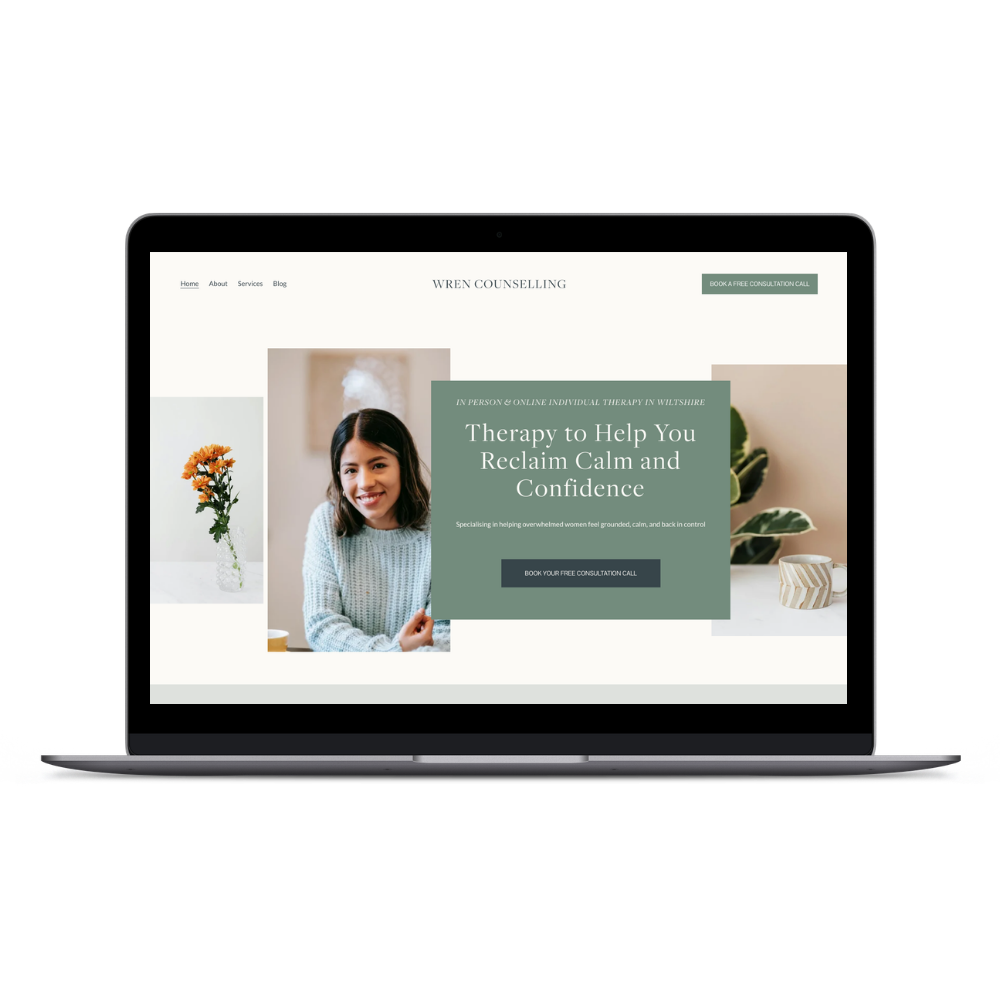 Laptop displaying a counseling website offering therapy to help reclaim calm and confidence, with a woman smiling on the homepage.