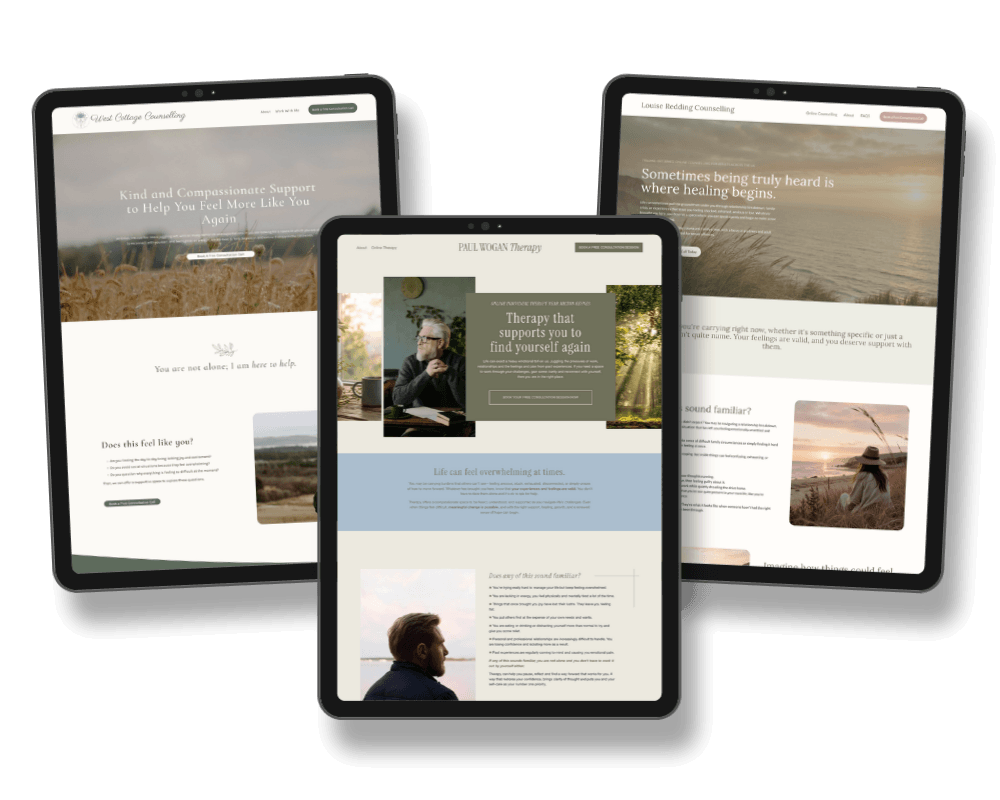 Three tablets displaying counseling and therapy website pages with nature backgrounds and soothing colors.