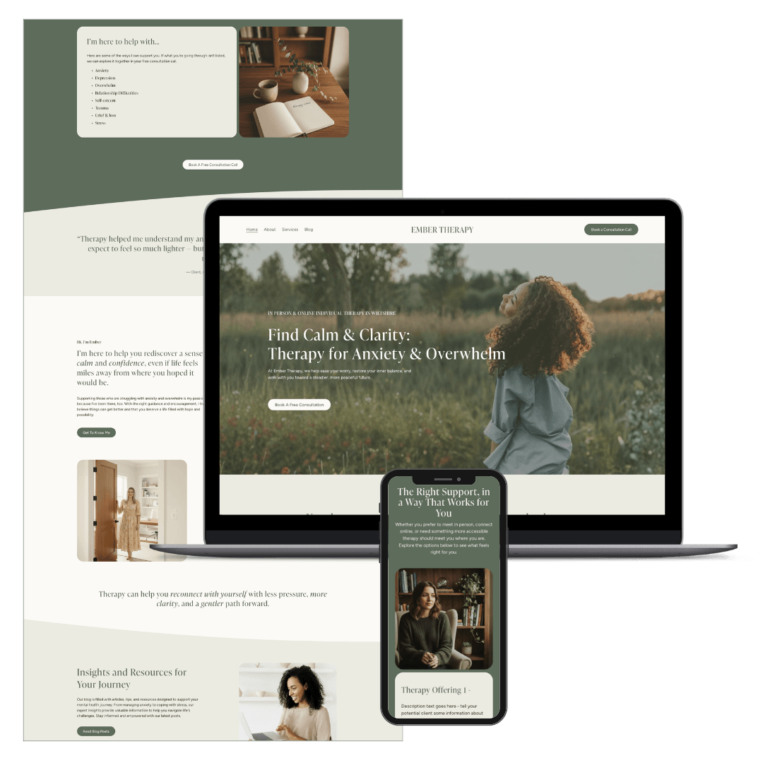 Multiple screens displaying a therapy website called Ember Therapy, featuring calming images, descriptions of therapy services for anxiety and overwhelm, and options to book a consultation.
