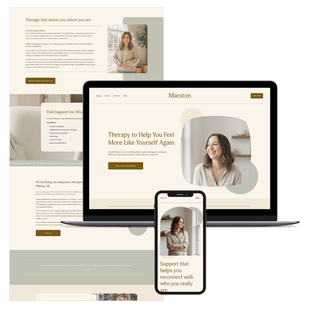 Website homepage for therapy service with images of smiling woman, offering support and counseling, in responsive design on laptop and phone screens.