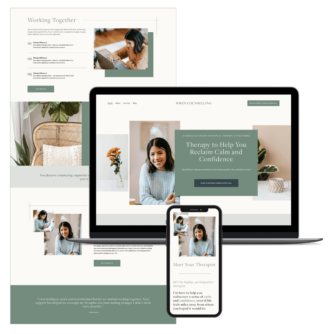 Screenshots of a counseling website displayed on a desktop computer, tablet, and smartphone, featuring a smiling woman, calming colors, and sections for services and therapy information.