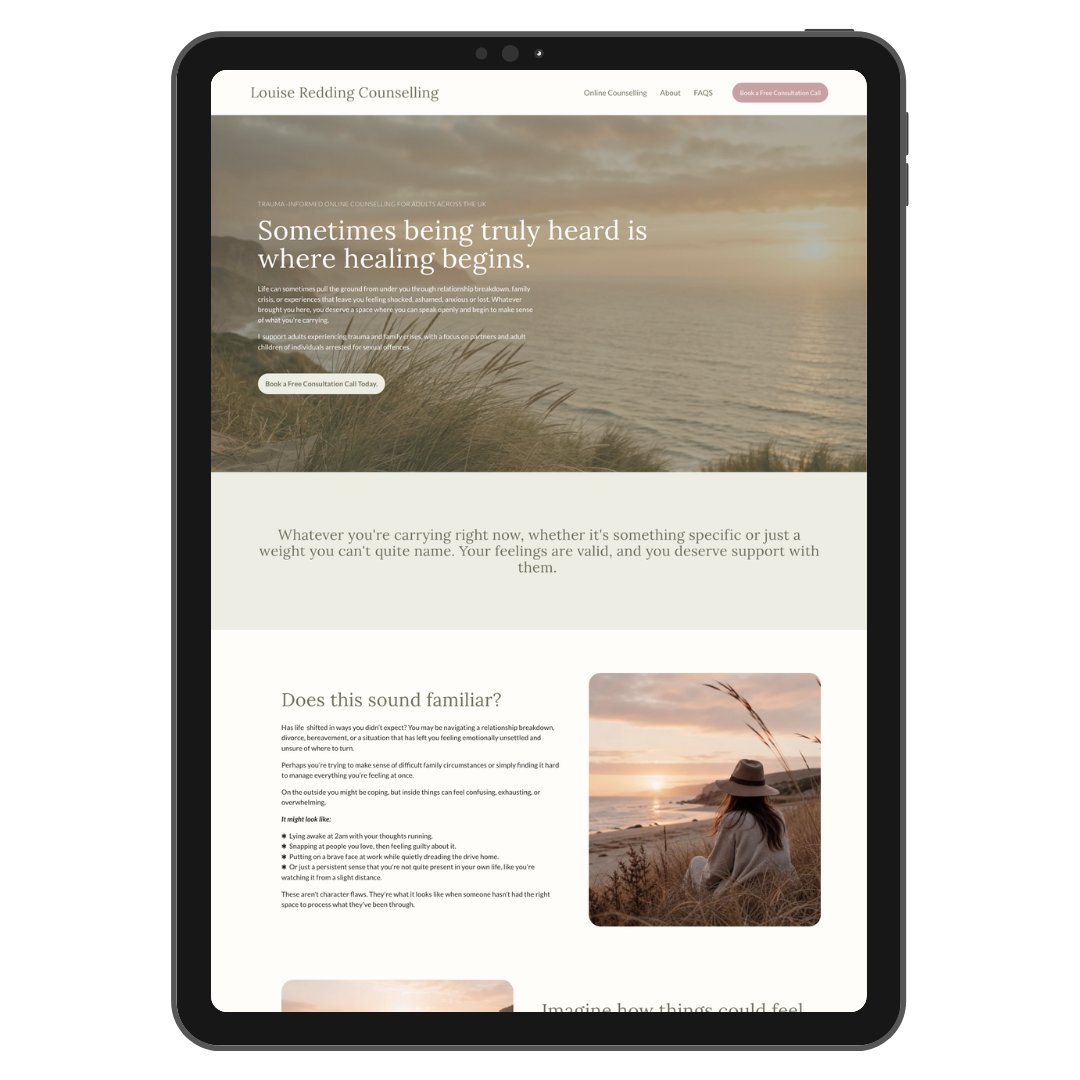 Screenshot of a counseling website with a serene sunset over a coast, featuring a woman sitting outdoors in a hat. The page offers online counseling services and emotional support.