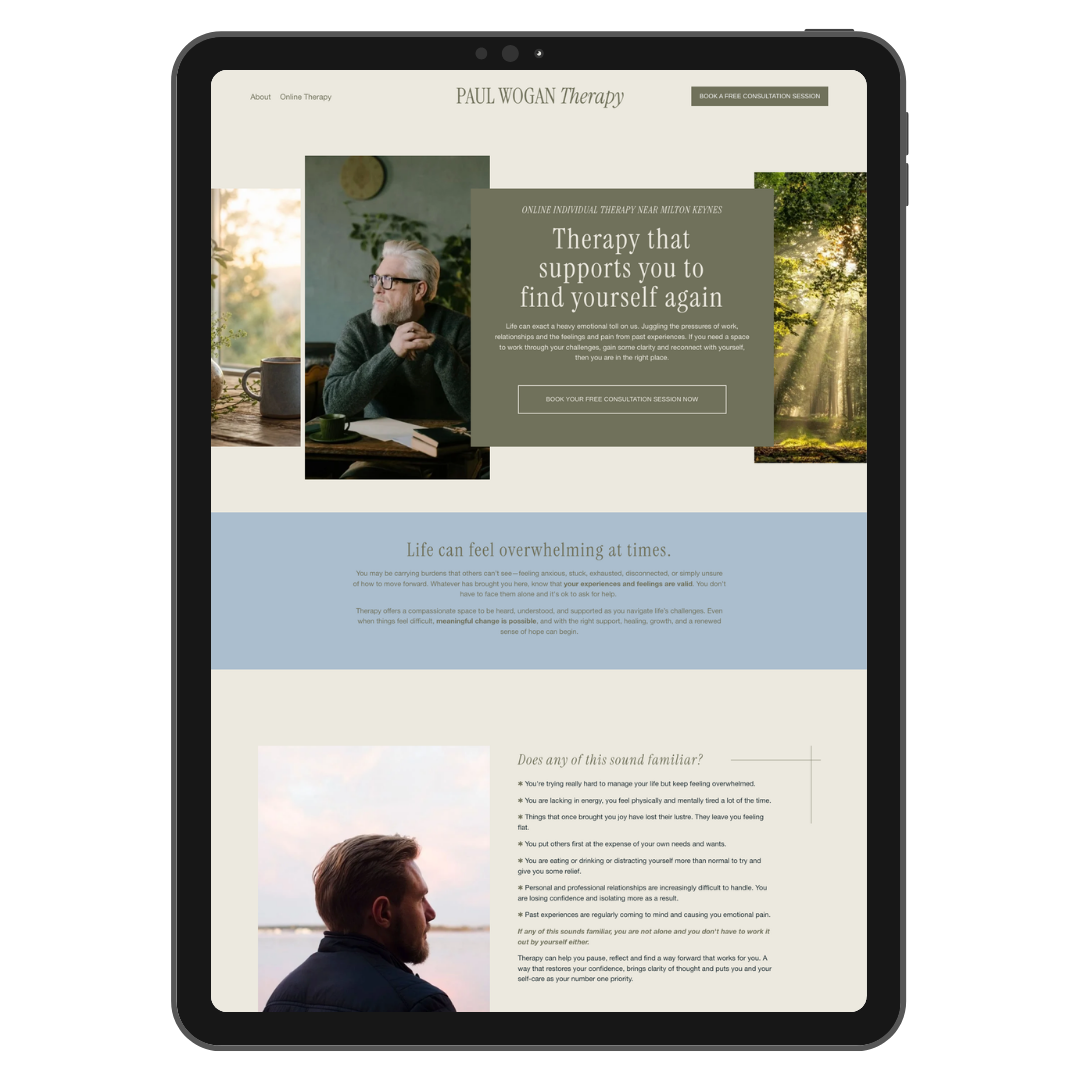 Website homepage for Paul Wogan Therapy offering online therapy services. Includes a photo of a man with glasses and gray hair sitting at a desk, a serene outdoor scene with sun rays filtering through trees, and a section with a profile of a man with a beard looking thoughtful near water.