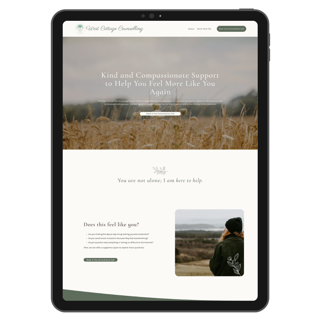 A website homepage for West Cottage Counseling featuring a calm landscape with tall grass and mountains, with text offering compassionate support and free consultation calls.