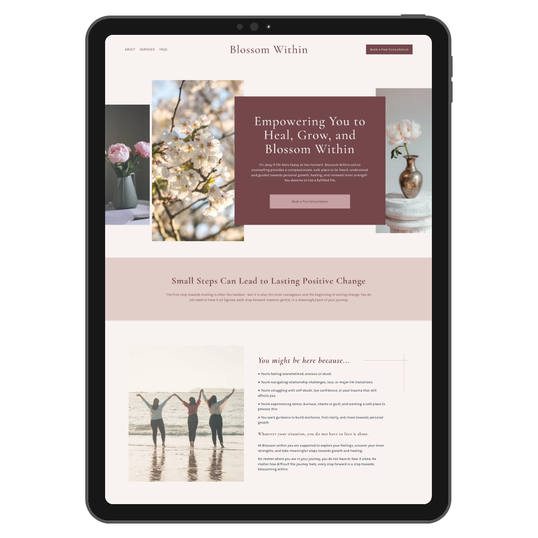A tablet displaying a wellness website called Blossom Within. The homepage features images of blooming flowers and people at the beach, with sections about healing, growth, and personal empowerment.
