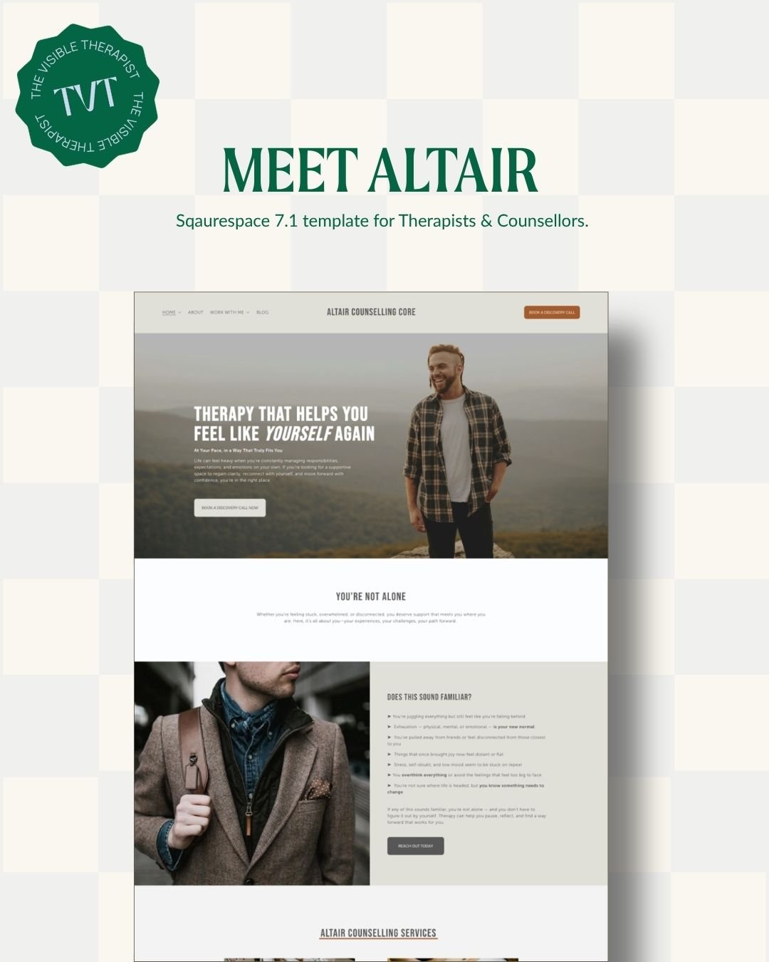 Meet Altair 🧡

Altair isn't here to whisper politely in beige.

This is the bolder one.

Strong typography, larger imagery, sharper contrasts and a more editorial feel make Altair a good fit for therapists who want their website to feel confident, c