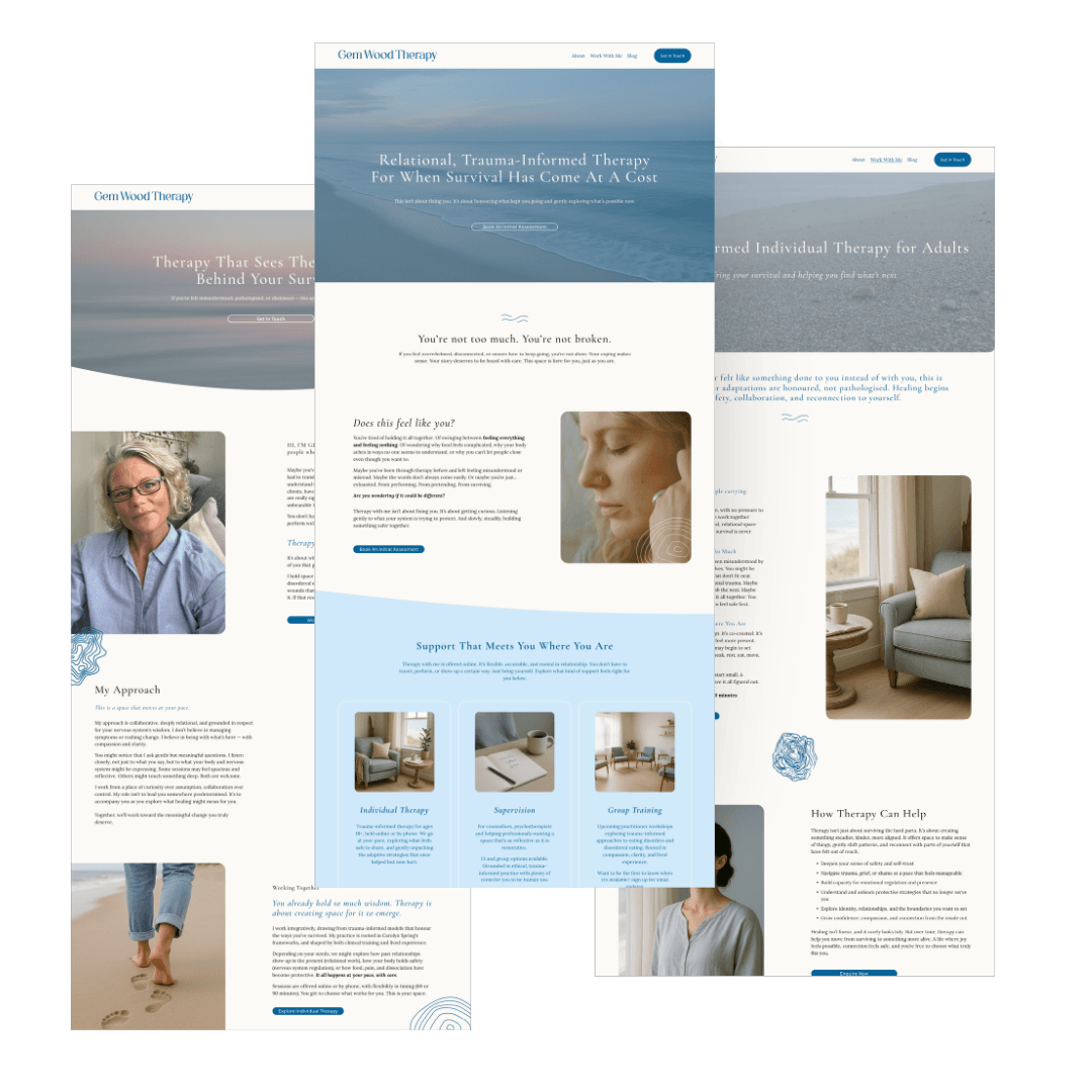 Screenshots of a website homepage for Gem Wood Therapy featuring calming blue and neutral tones, with sections about therapy services, support options, and a photo of a woman practicing meditation.