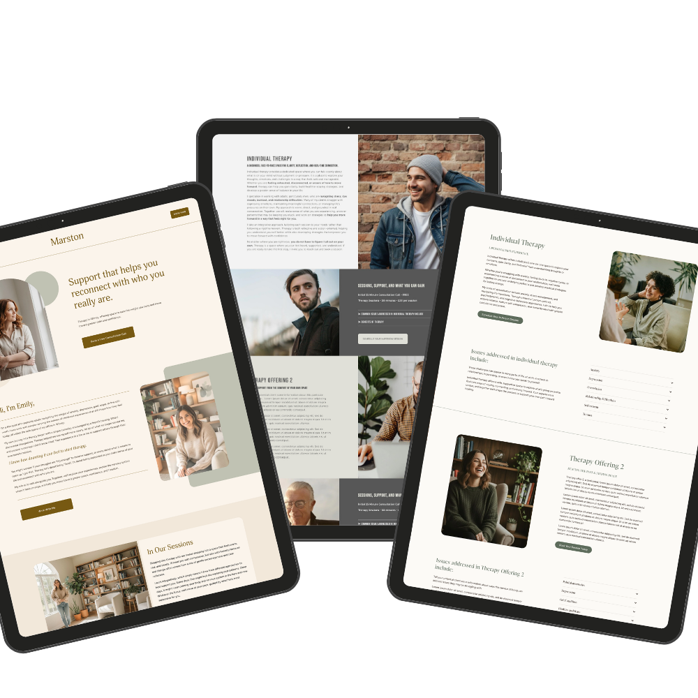 Three tablets displaying therapy and counseling website pages with images of diverse individuals and text about therapy services.