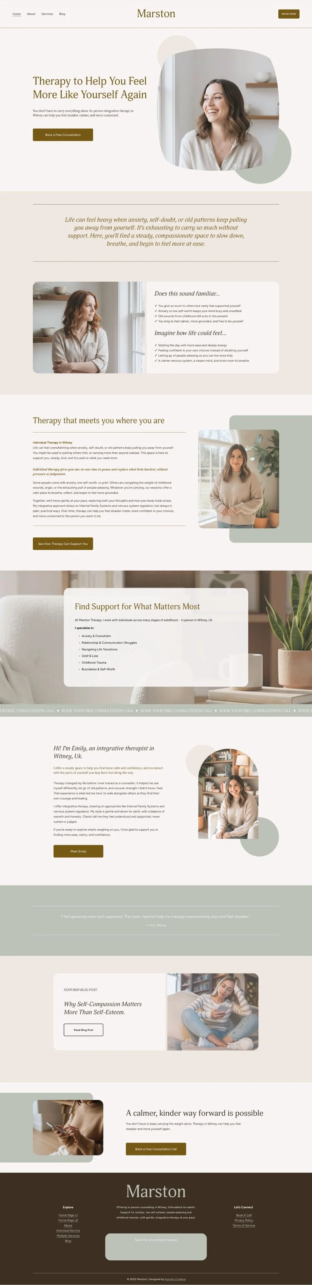 Homepage of Marston therapy website featuring images of smiling women, therapy services, and calming design elements.