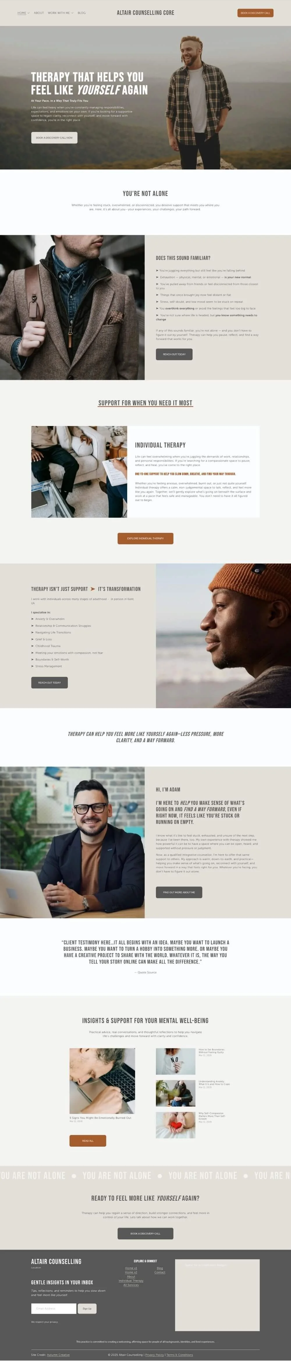 Homepage of Altair Counselling website featuring images of diverse people and text about therapy and mental health support.
