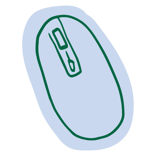 Simple illustration of a computer mouse with green outline on a light blue background.