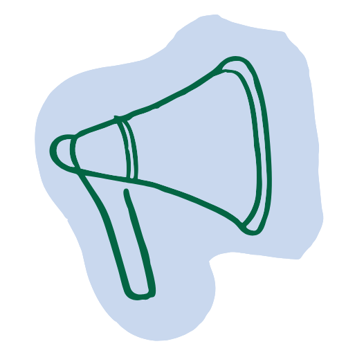 Line drawing of a megaphone on a blue background.