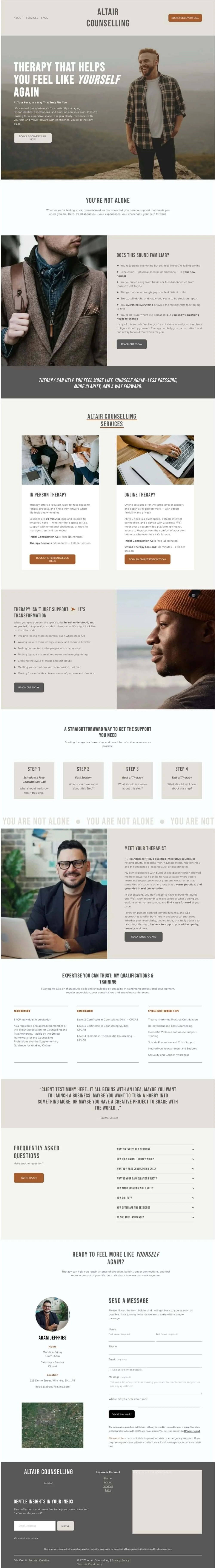Website homepage for Altair Counselling offering therapy services, featuring photos of diverse individuals and sections on therapy options, FAQs, therapist profiles, and contact information.