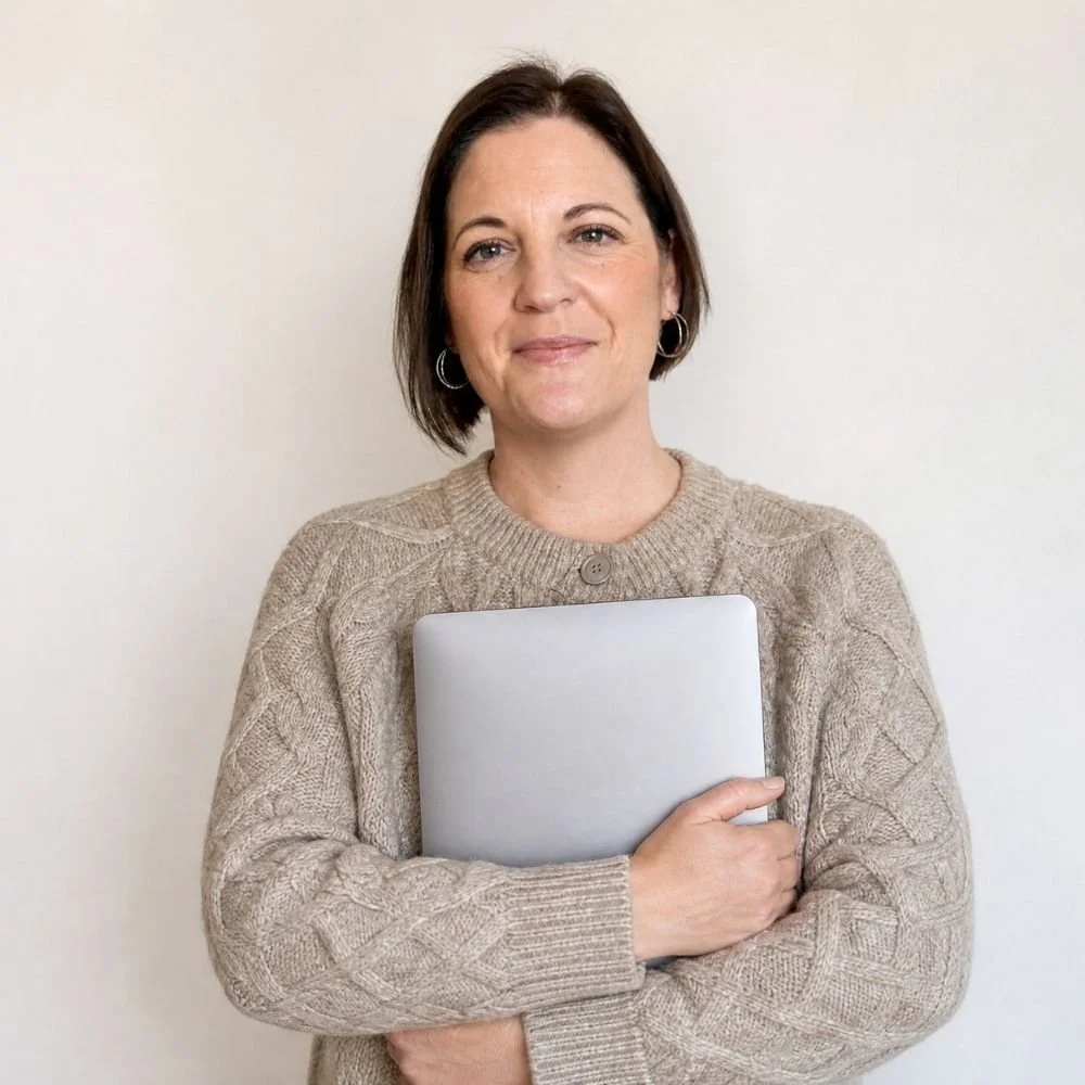 Owner of The Visible Therapist Vicky with short brown hair, wearing a beige sweater, stands against a plain white wall. She holds a silver laptop close to her chest, smiling softly.